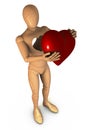 Wooden character, figure, man showing a red glossy heart to the viewer