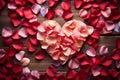 Wooden charm heart made of rose petals on a textured backdrop Royalty Free Stock Photo