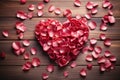 Wooden charm heart made of rose petals on a textured backdrop Royalty Free Stock Photo