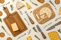 Wooden cheeseboards and-utensils. generated using AI. Royalty Free Stock Photo