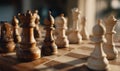A wooden chess board with a black and white king and pawn Royalty Free Stock Photo