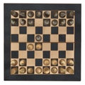 Wooden Chess board with chess wooden pieces isolated on white. top view. chess game. bishop, king, queens gambit, Royalty Free Stock Photo