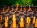 Wooden chess board with wooden pieces with sunlight. Royalty Free Stock Photo