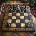 Wooden Chess Board on Table - Classic Strategy Game Set With Black and White Pieces Royalty Free Stock Photo