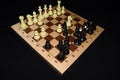 Wooden chess board under white chessmen for sport background Royalty Free Stock Photo