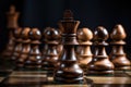 Wooden chess pieces on a chessboard. Black background. Selective focus. Chess pieces on the chessboard. closeup, AI Generated Royalty Free Stock Photo