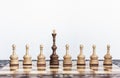 Wooden chess pieces on a chessboard, black queen and white pawns on the background, leadership retro concept Royalty Free Stock Photo