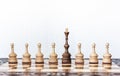 Wooden chess pieces on a chessboard, black queen and white pawns on the background, leadership retro concept Royalty Free Stock Photo