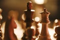 Wooden chess pieces on the chessboard and dim light Royalty Free Stock Photo