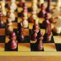 Wooden chess pieces on a chessboard, king in focus Royalty Free Stock Photo