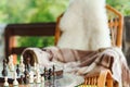 Wooden chess pieces on chessboard outdoor at the sunny day, at terrace house. Royalty Free Stock Photo