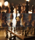 Wooden chess set in dim light banners set Royalty Free Stock Photo