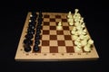 Wooden chessboard under black chessmen as a skill theme Royalty Free Stock Photo