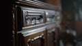 Wooden chest drawers in colonial interior. Vintage commode with carving indoors.