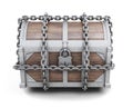 Wooden chest entangled chains. 3d rendering.