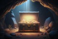 Wooden chest with gold in a cave. AI generated