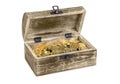 Wooden chest with gold coins