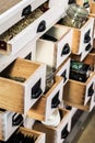 Wooden chest with open drawers in the coffee shop Royalty Free Stock Photo