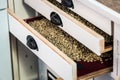 Wooden chest with open drawers in the coffee shop Royalty Free Stock Photo