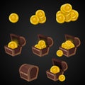 Wooden Chest set for game interface. illustration. treasure of gold coins on dark background: closed, empty, chestes with golden Royalty Free Stock Photo