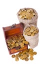 Wooden chest and two bags filled with coins Royalty Free Stock Photo