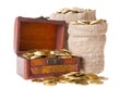 Wooden chest and two bags filled with coins Royalty Free Stock Photo