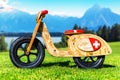 Wooden runbike on the grass field outdoors Royalty Free Stock Photo