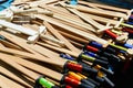 Wooden children`s weapons - sabers, swords. Eco toys. Fair - an exhibition of folk craftsmen Royalty Free Stock Photo