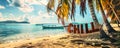 Wooden CHILL sign hanging on a hammock between palm trees on a tropical beach with a serene ocean view, epitomizing