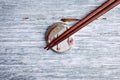 Wooden chopsticks and chopstick rest on rustic wooden background. Top view. Royalty Free Stock Photo