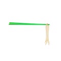 Wooden chopsticks in green design holding noodles