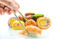 Japanese wooden chopsticks, salmon sushi
