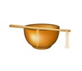 Wooden chopsticks holding noodles lying on bowl