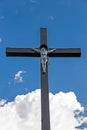 Wooden christian cross in the background of blue sky Royalty Free Stock Photo