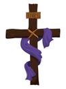 Religious cross decorated with INRI sign and purple cloth, Vector illustration