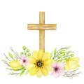 Wooden Christian Cross with flowers. Catholic Church floral cross isolated on white background. Religion symbol