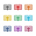 Wooden Christian cross on holy Bible icon, color set