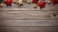 Wooden christmas background with red stars and decorations. Top view with copy space Generative AI Royalty Free Stock Photo