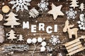 Wooden Christmas Decoration, Merci Means Thank You, Sled And Tree, Snowflakes