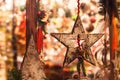 Wooden christmas star decoration close up by night Royalty Free Stock Photo