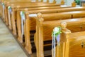 Wooden church bench with decoration