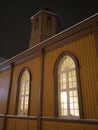 Wooden church in the center of Tromso at arctic dark black night Royalty Free Stock Photo