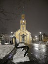 Wooden church in city center of Tromso North Norway - arctic night Royalty Free Stock Photo