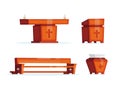 Wooden church furniture set. Altar, pew, lectern and baptismal font