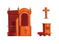 Wooden church furniture set. Confessional, cross and kneeler