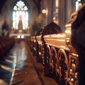 Close-up of a wooden church pew generated by artificial intelligence