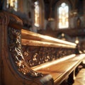 Close-up of a wooden church pew generated by artificial intelligence