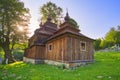 Wooden church of Saint Michael the Archangel in Prikra during summer sunset Royalty Free Stock Photo