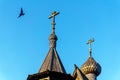 Wooden church on the top of the hill. Vershinino village sunset view. Arkhangelsk region, Northern Russia. Royalty Free Stock Photo