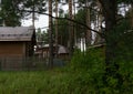 Wooden church in a village in a forest surrounded by pine trees. Two domes of gold and silver, a bell tower. Modern Royalty Free Stock Photo